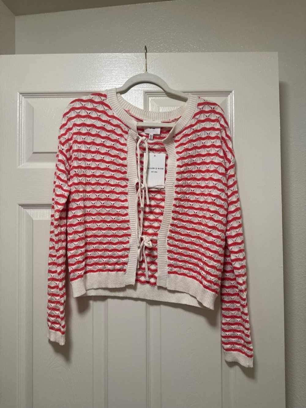 Willow & Wind Striped Tie-Front Knit Cardigan Sweater - Pink & White
